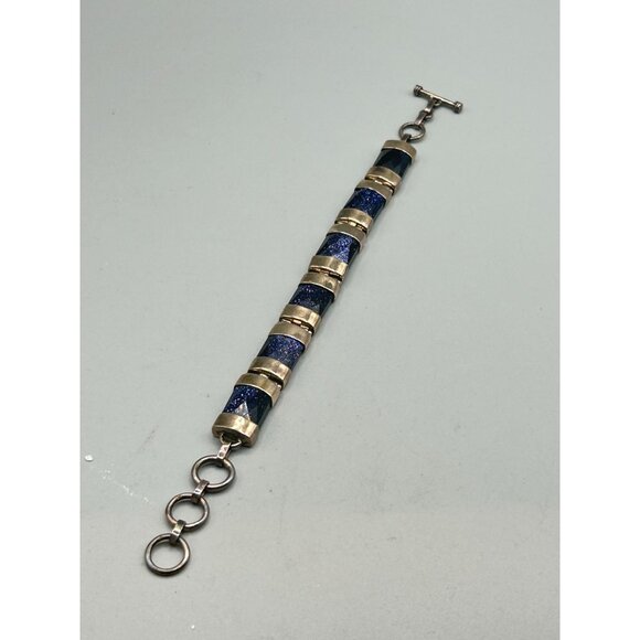 Blue Goldstone Sterling Silver 925 Link Bracelet Genuine Semi Precious Stone - Picture 2 of 6